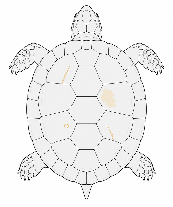 カメの甲羅の亀裂・へこみと部分的な変色のイメージ図